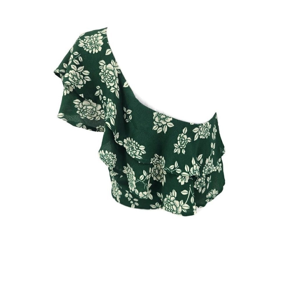 New Flynn Skye Claire Crop Top Womens L Emerald Blooms Green Floral Rayon Ruffle - Picture 4 of 6